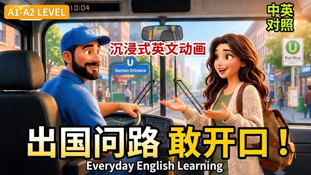 【🎬沉浸式英文动画】🗺️出国旅游问路・搭车情境全攻略｜🔑地铁、公交、转乘一次学会｜🌱A1–A2初级英文｜💡不用背，多听就会用｜🎧听力口说练习｜每天5