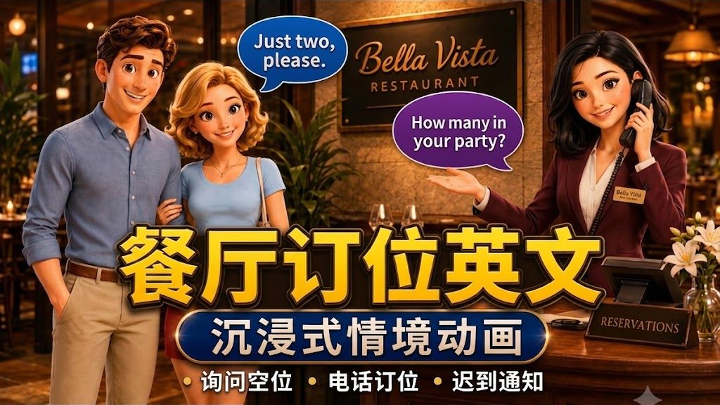 🍽️ 餐厅订位英文｜实用情境：询问空位、电话订位、迟到怎么办？｜沉浸式英文动画