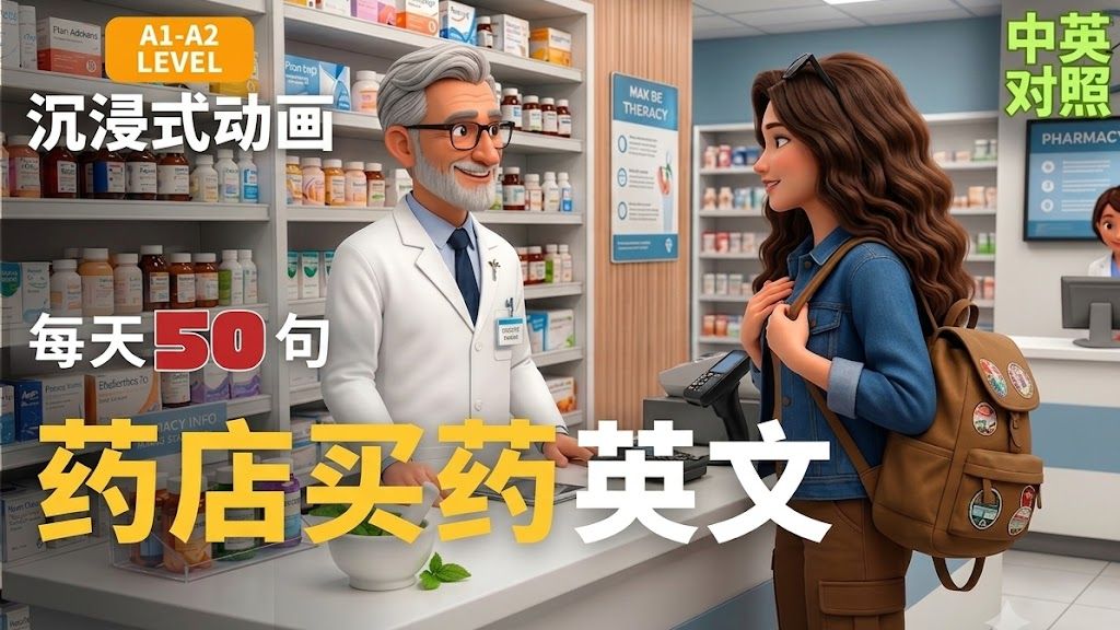 【🎬沉浸式英文动画】💊药店买药英文｜✈️旅行身体不适必备对话｜🗣️感冒・拉肚子・过敏怎么说？｜真实情境完整呈现｜💡不用背多听就会用｜A1-A2初学者必学