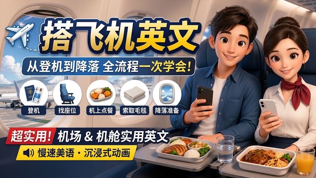 ✈️ 第一次搭飞机也不怕！实用情境英语对话：机上广播、登机、找座位、点餐、要毛毯｜沉浸式英文动画