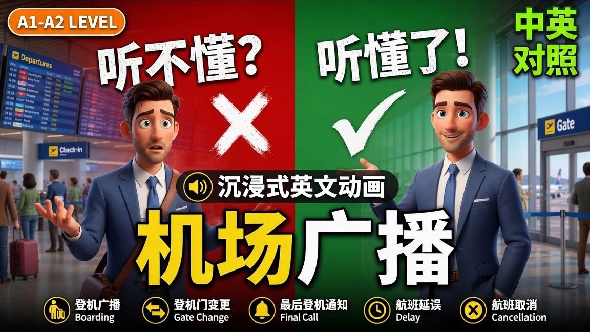 【🎬沉浸式英文动画】✈️机场情境广播｜🔑听懂广播关键字｜✅登机・登机门变更・最后登机・延误・取消班机💡一次学会｜🌱A1–A2逐句跟读｜每天50句英文｜出