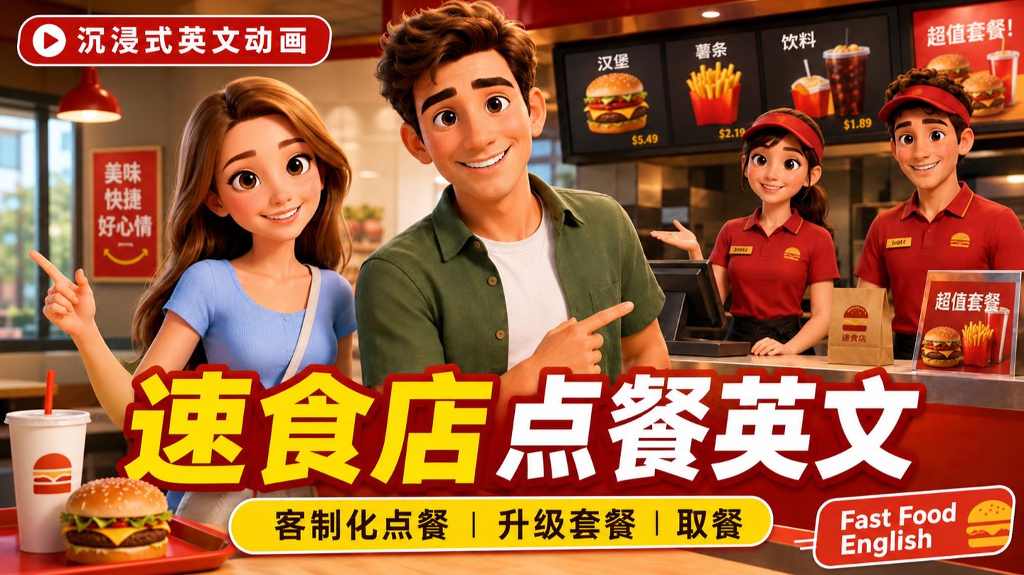 【沉浸式英文动画】🍔快餐店点餐英文🍟 从定制化点餐、升级套餐到取餐一次学会｜Fast Food English