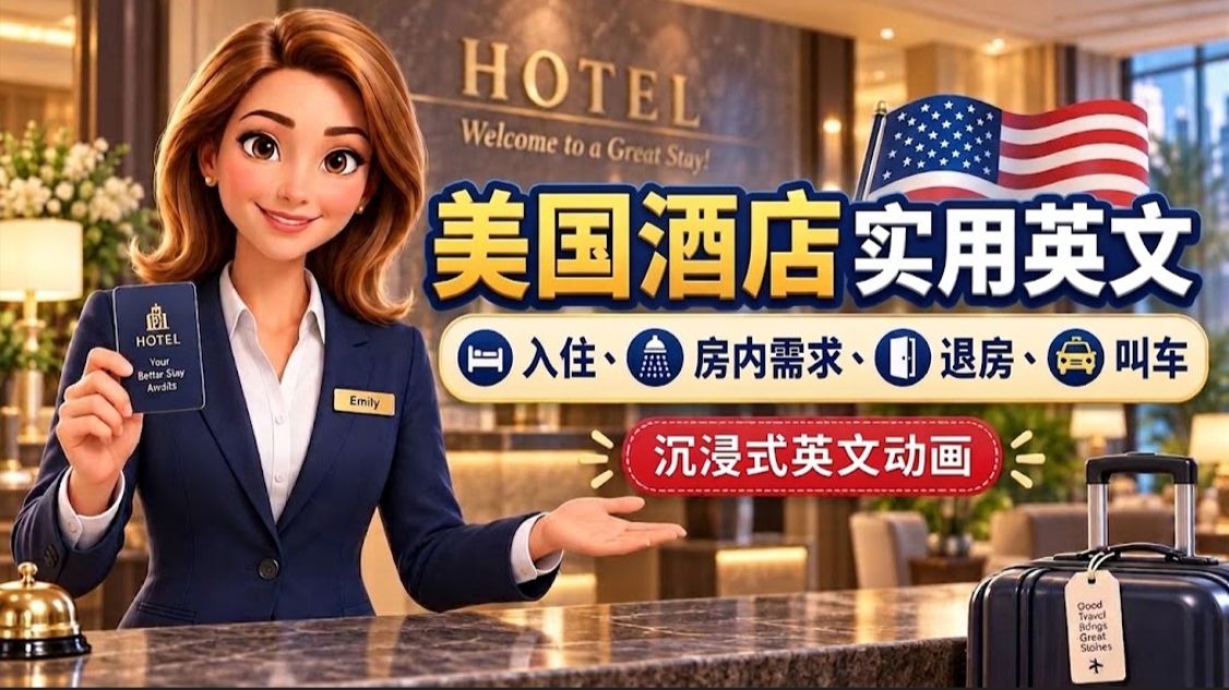 🏨 美国酒店实用英文!入住、房内需求、退房、叫车一次学会【沉浸式英文动画】