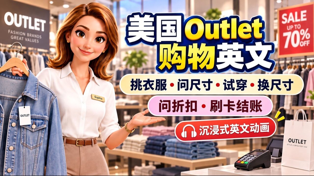 🛍️ 美国奥特莱斯Outlet购物必学英文！👖挑衣服、问尺寸、试穿换尺寸、问折扣、刷卡结账｜沉浸式英文动画